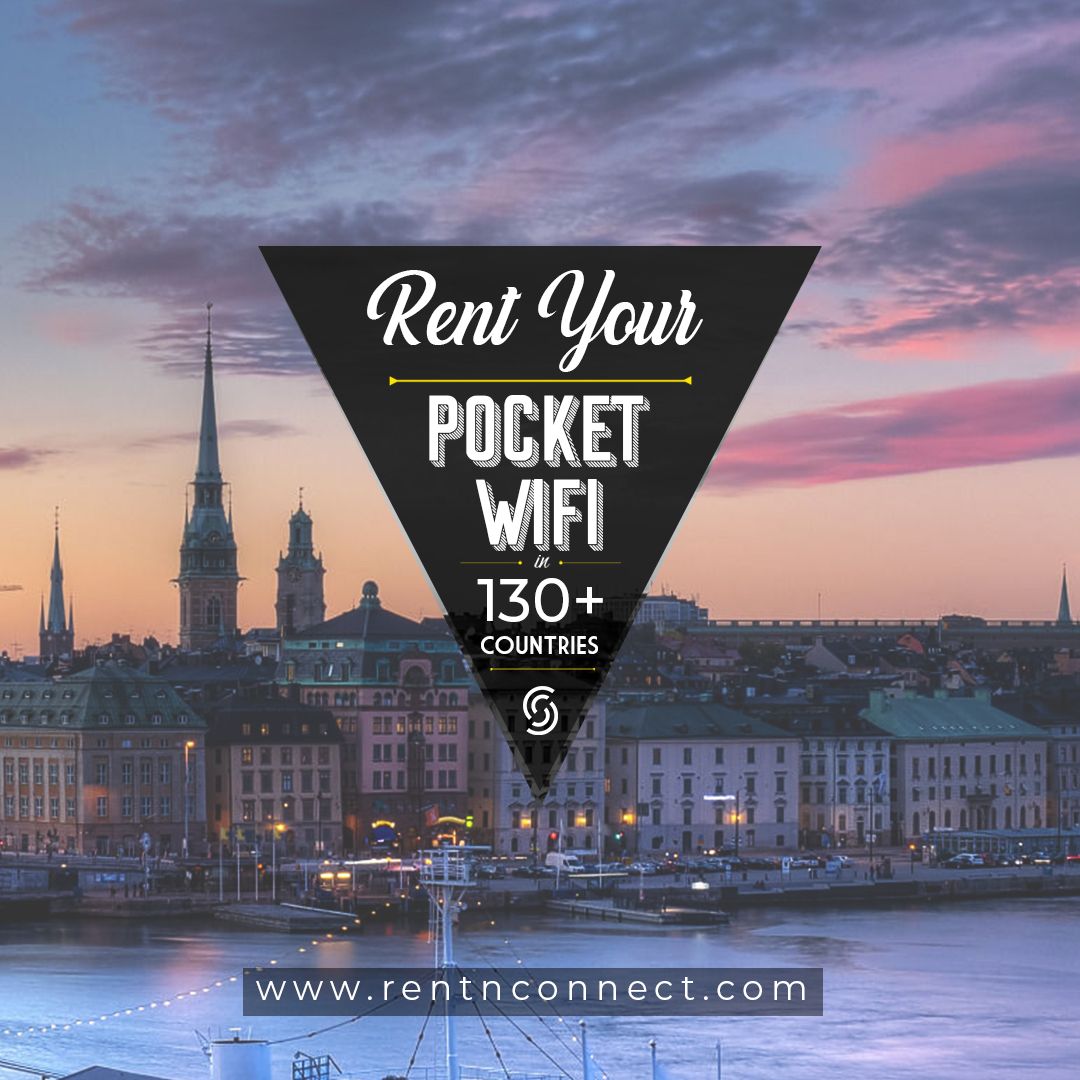 Rent Your Pocket WiFi in 130+ Countries - RentnConnect promotional image with a scenic European city skyline at sunset